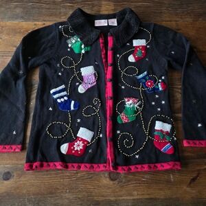 Holiday Small Christmas Sweater‎ Cardigan Black Stocking Bead Embellished